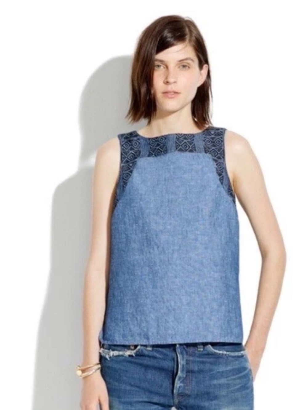 Madewell Women’s Sleeveless Chambray Top Size S Cotton Linen Blue Textured Trim